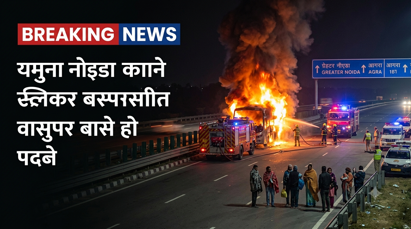 ग्रेटर नोएडा के यमुना एक्सप्रेसवे पर आग की चपेट में आई स्लीपर बस